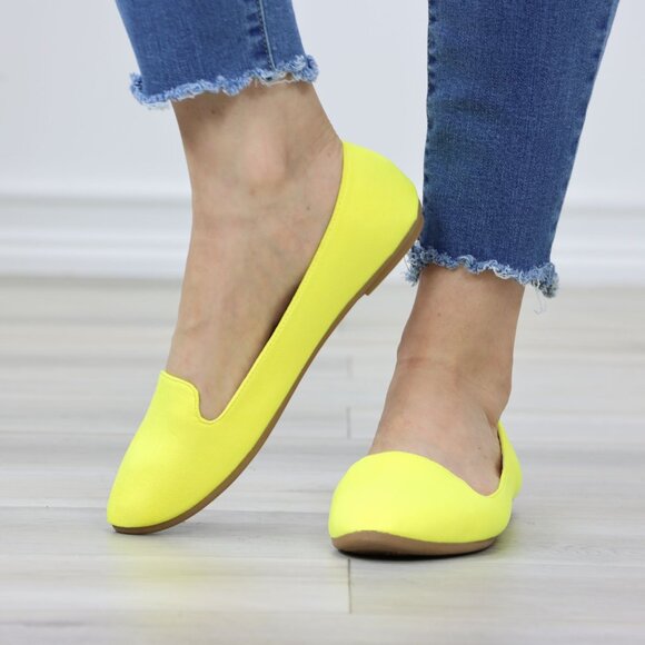 Neon Yellow Faux Suede Rounded Toe Slip On Flat Shoes - Picture 10 of 11